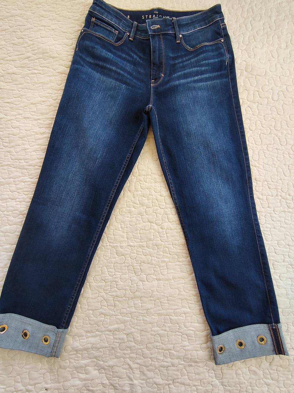 White House Black Market Mid-Rise The Straight Crop Jeans Gold Grommet Cuff Size